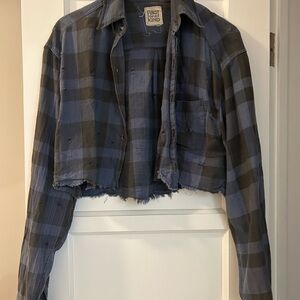 First of a Kind Blue Plaid Cropped Flannel